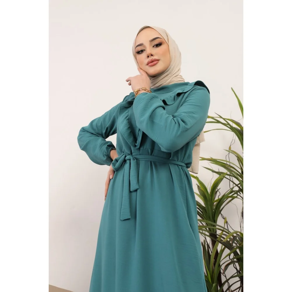 V Neck Frilly Ayrobin Sina Hijab Dress Trend Fashion Fast Delivery abaya muslim dress women kaftan open abaya long dress african