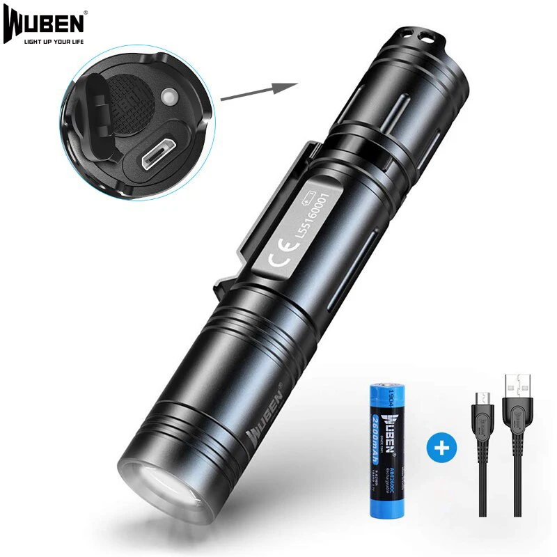 구매 WUBEN-L50 Led 손전등, 1200 루멘 USB 충전식 전술 토치, 18650 배터리 조명, 방수 IP68 휴대용 캠프 랜턴