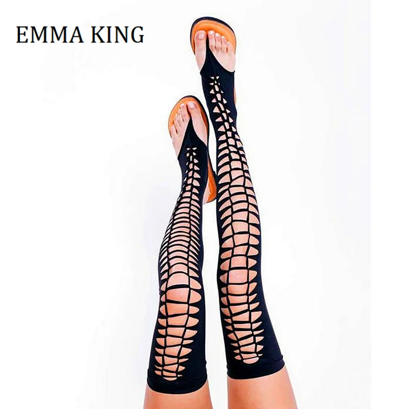 

Women Black Flat Gladiator Sandals Vegan Over The Knee Sandals Summer Hollow Out Female Woman Shoes Leisure Sandals Boots Flat