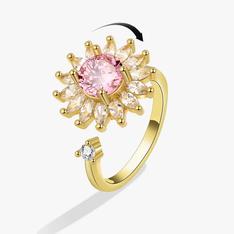 

Trendy Daisy Flower Rings For Women Shiny Zircon Sunflower Dragonfly Bee Free Rotation Finger Ring Anti-stress Anxiety Jewelry