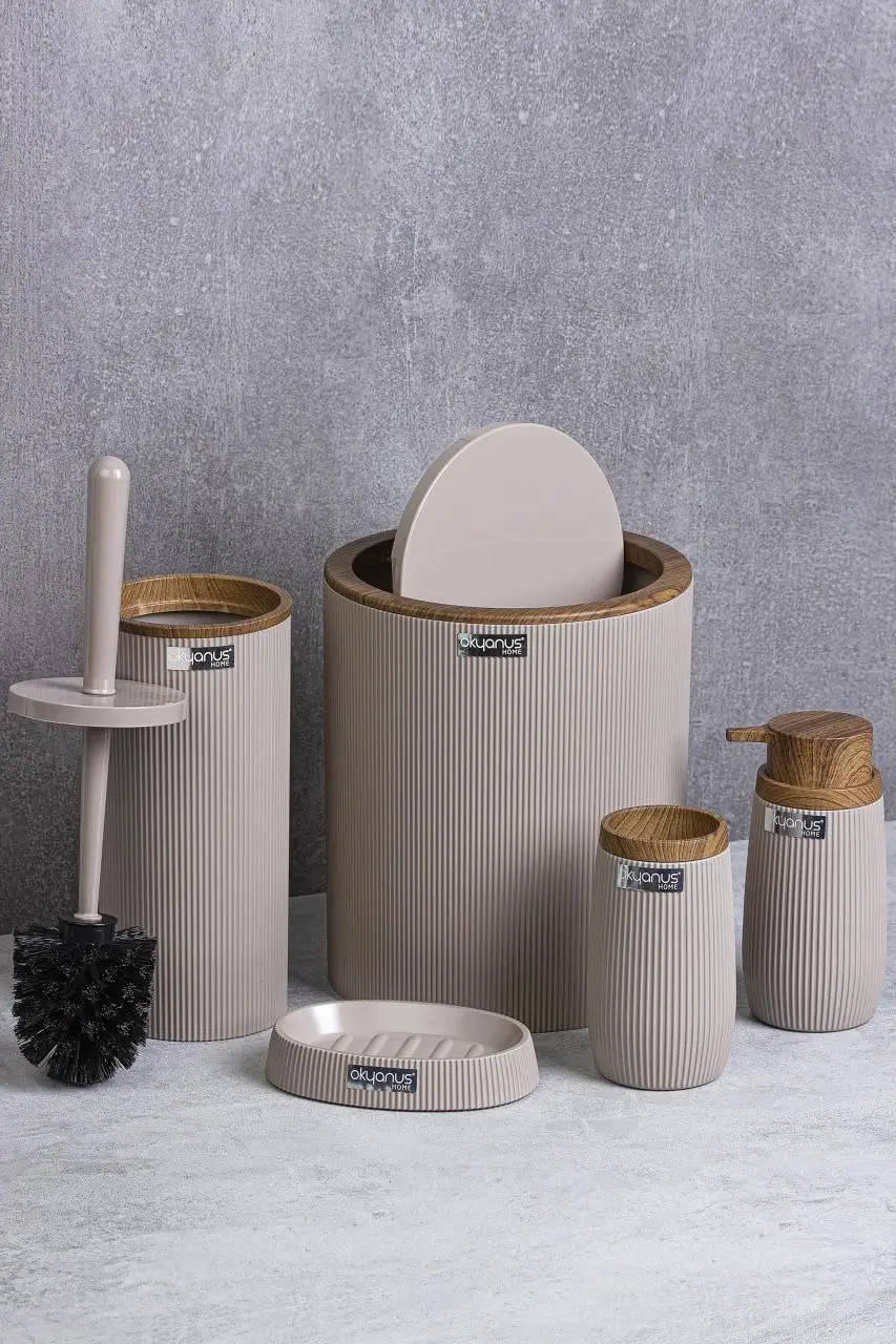 oceanland wooden striped round 5 piece bathroom set toilet brush dispenser dustbin hard plastic free global shipping