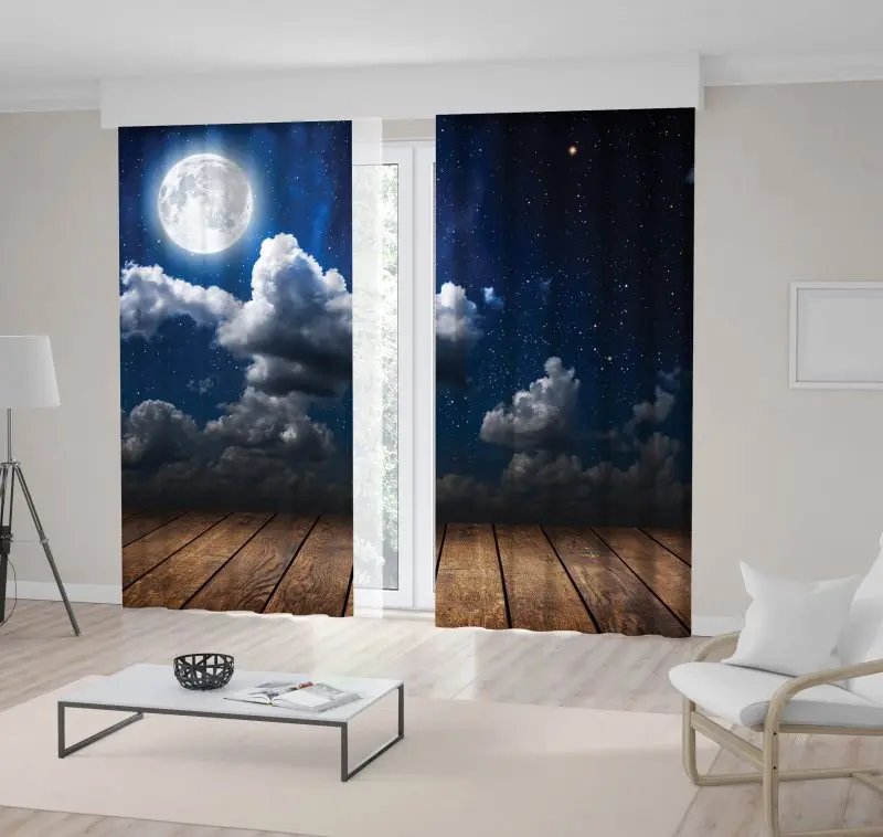 

Curtain Night Sky with Stars Full Moon Clouds Wooden Floor under Moonlight Romantic View Printed
