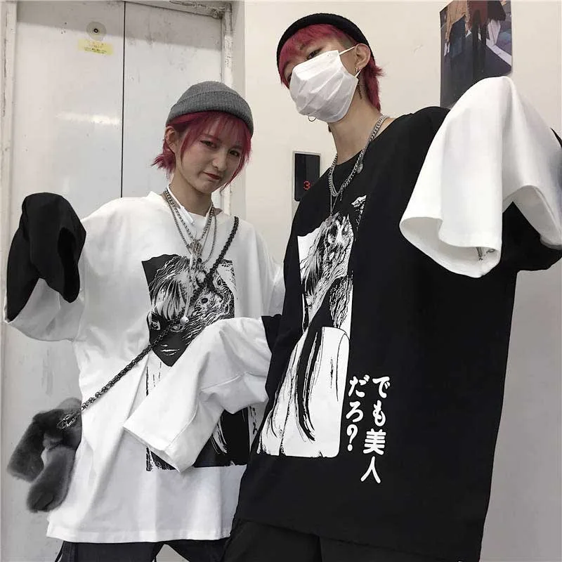 NiceMix Harajuku футболка женская поддельная 2 шт. принт японский Fujiang Ужасы комиксы длинный рукав рубашка Женская Vetement Femme