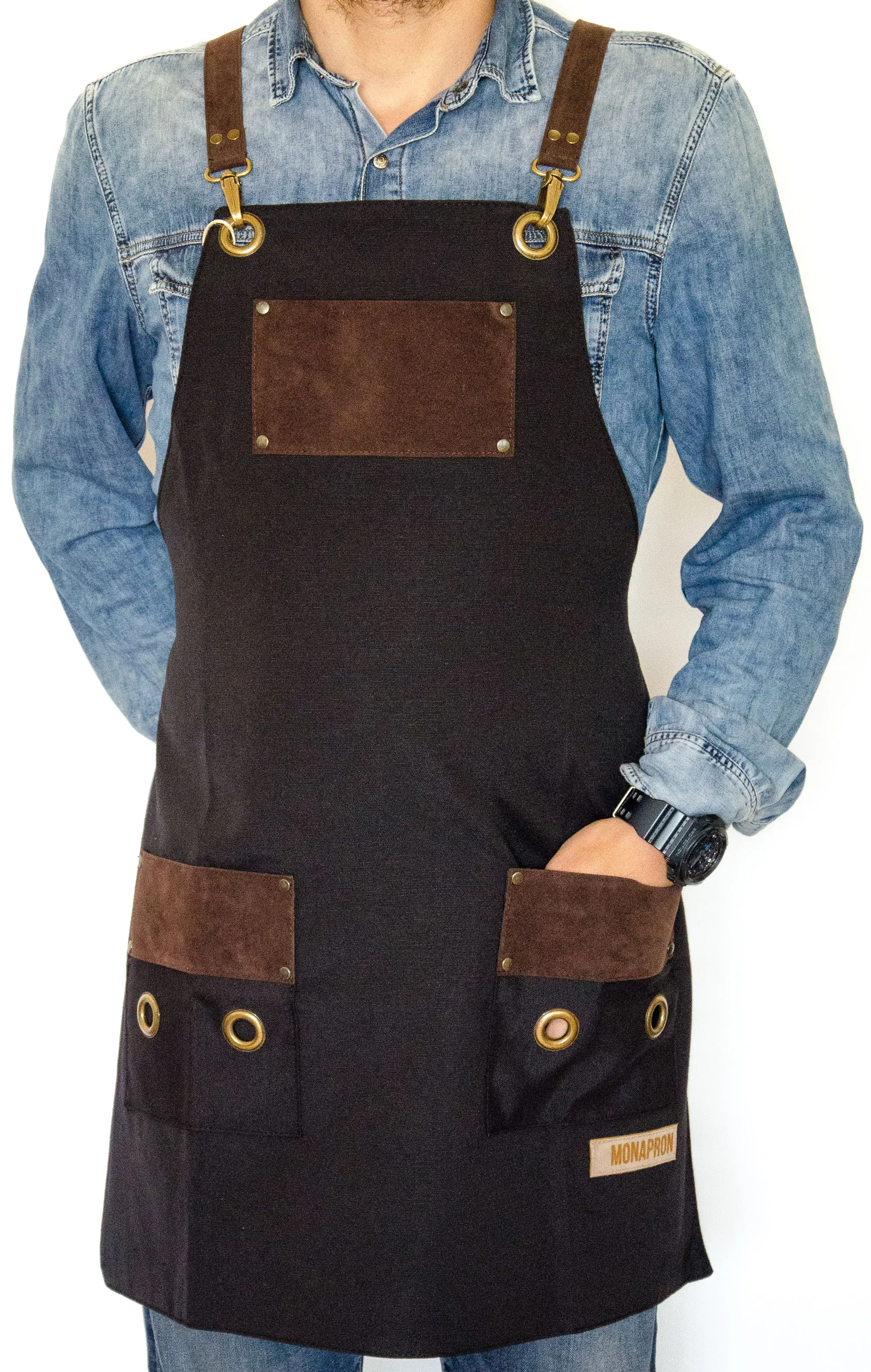 Men's Apron Bib Chef Kitchen Apron Barista Apron Bartender Coffee Restaurant Cooking Apron with Pockets