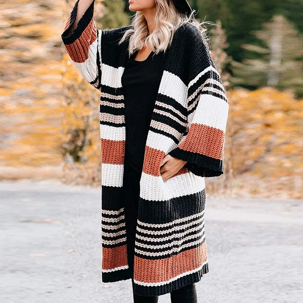 

Women Loose Striped Cardigan Sweater Baggy Color Block Open Front Long Sleeve Warm Comfy Oversize Pocket Fall Winter Outerwear