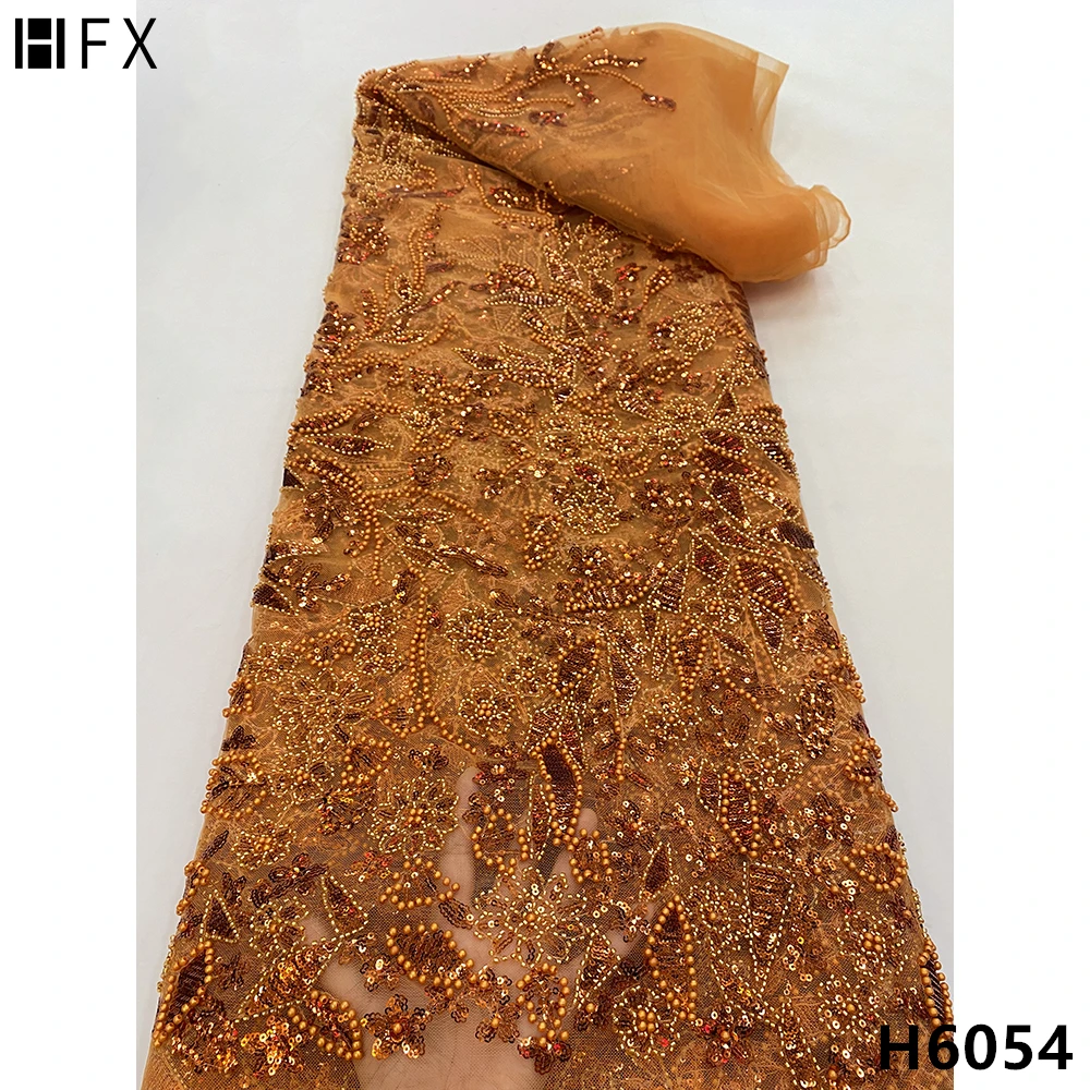 

HFX burnt orange Luxury French Nigeria Handmade Beads Lace Fabric Embroidery African Sequins Lace Fabric For Wedding Dress H6054