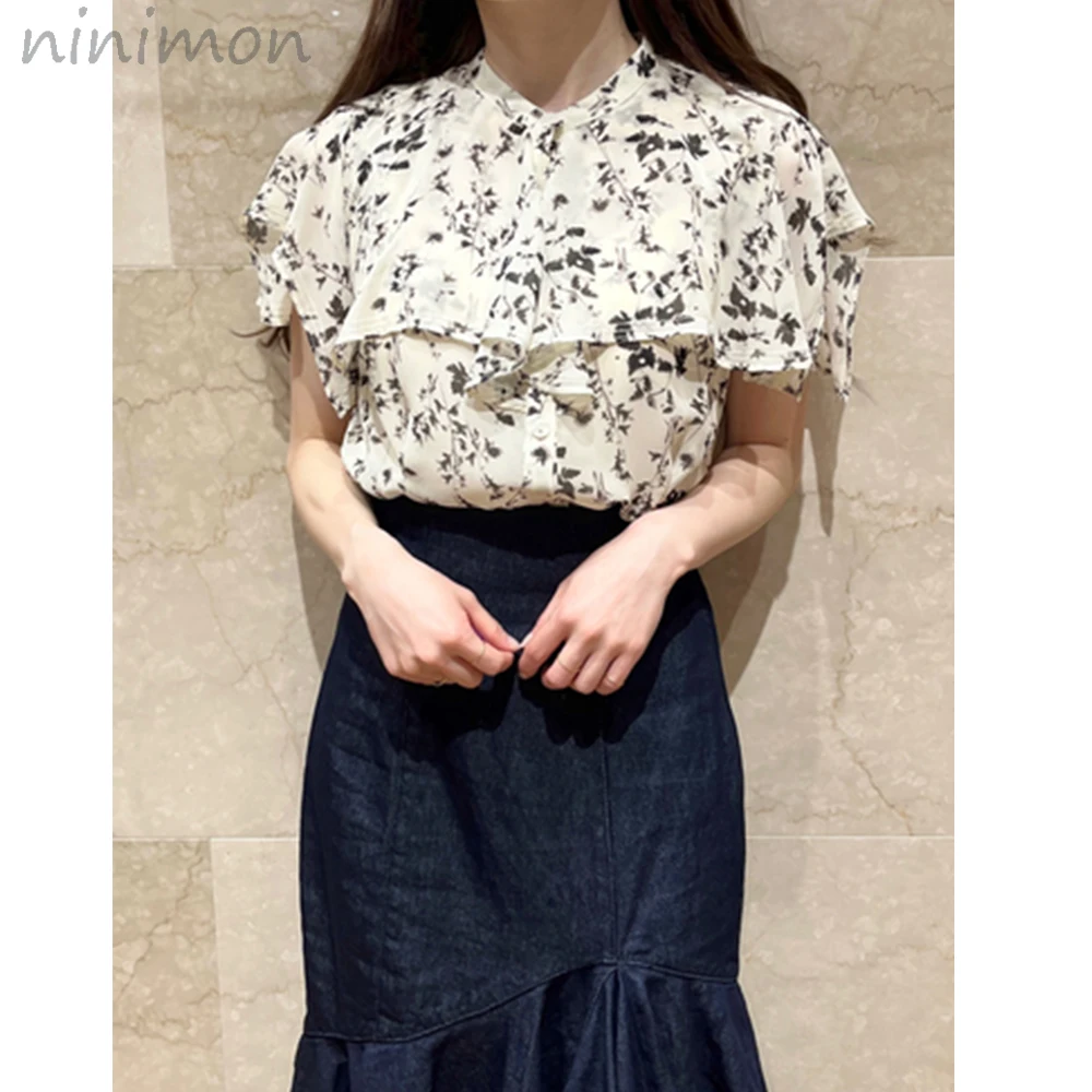 

NINIMON Navy Collar Multi-Layer Chiffon Shirt Summer Small Flying Sleeves Sleeveless Pullover Solid Women Blouse Japanese Tops