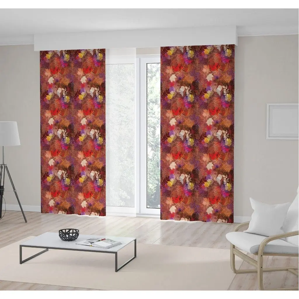 

Curtain Leaves Pattern Floral Artwork Foliage of Oak Maple Birch Red Purple Yellow Orange Autumn Theme