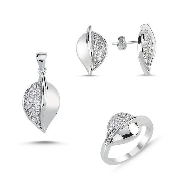 

Silver 925 Sterling Zircon Cubic Zirconia Leaf Set: Ring, Earring, Pendant