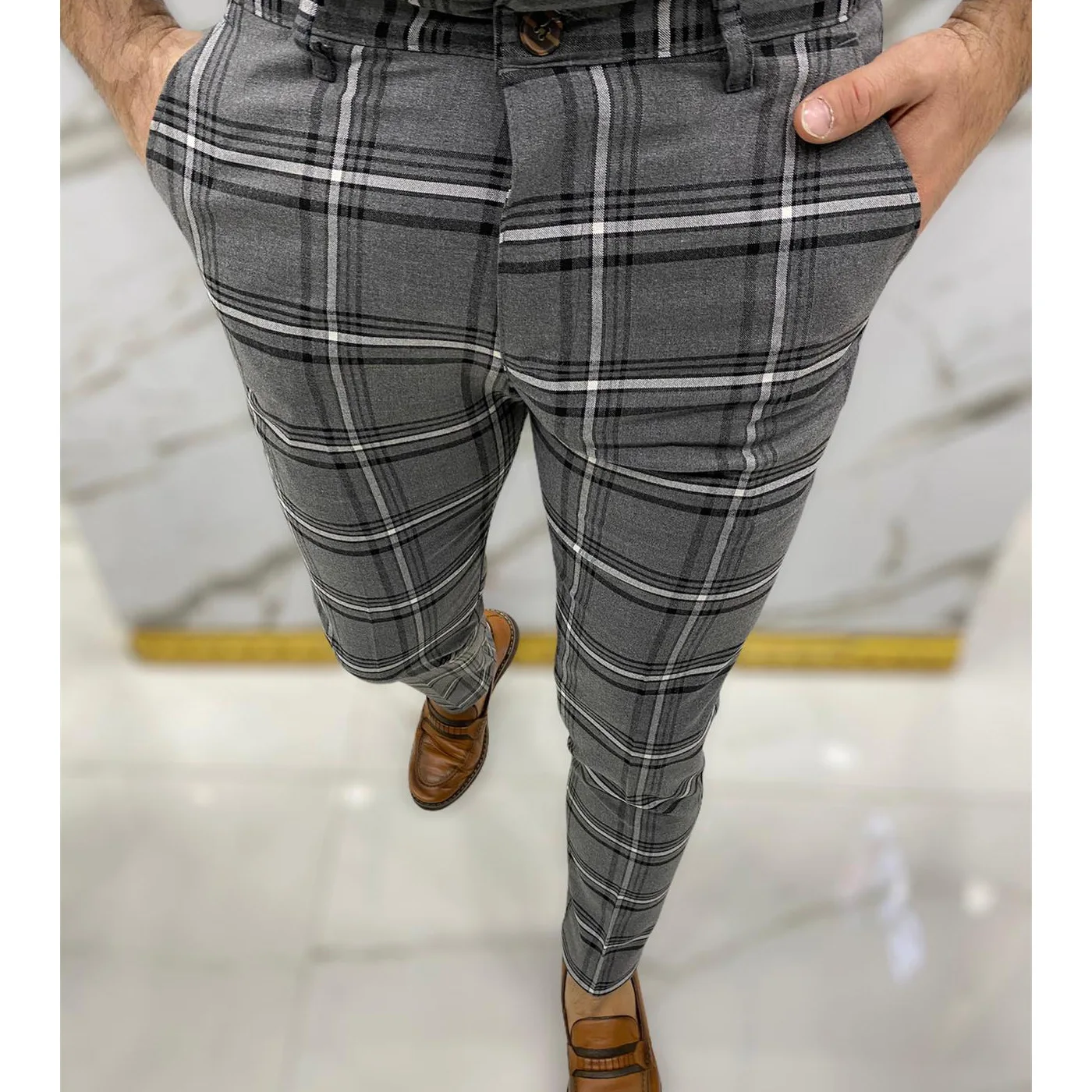 Plaid Pants For Men Checkered Trousers Lattice Striped Slim Fit Button Male Midwaist Korean Style Business Streetwear Clothing | Мужская