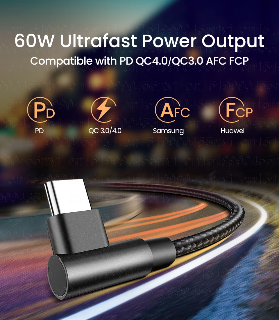 3A double elbow Type-c to USB C 60W fast charging data cable For Huawei Samsung Xiaomi mobile phone charging cable 1m/2m/3m