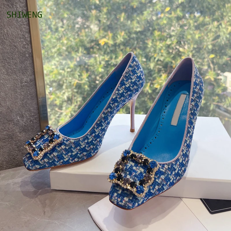 

2022 Fashion High Heel Pumps Crystal Diamond Buckle Office Shoes Lady Sexy Pointed Toe High Heels Spring
