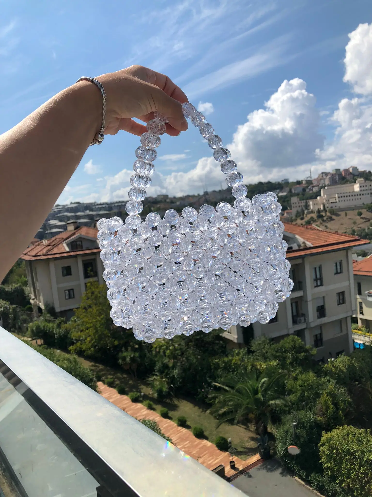 Shemsstore Women Bag Luxury Design Handmade Beaded Transparent Top Quality New Customized Light Shiny Crystal Pearl Casual Arm