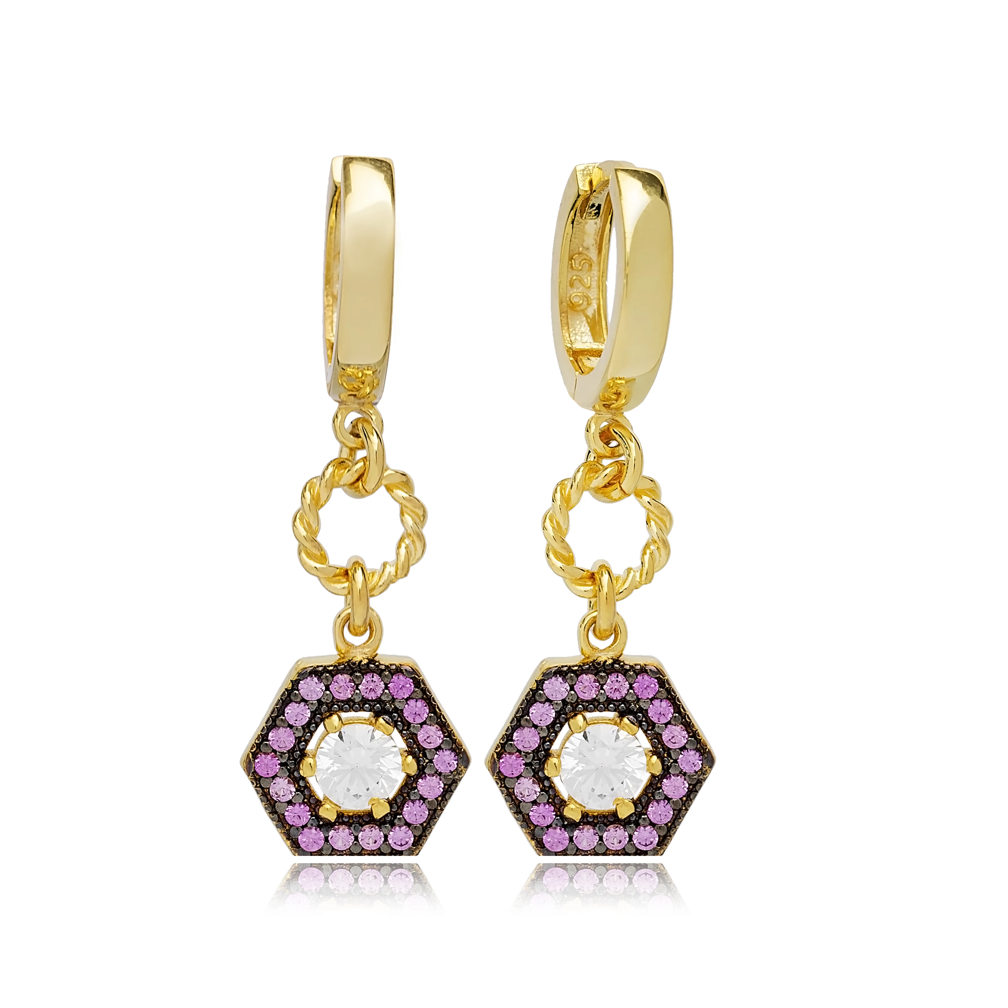 

Stylish Amethyst Hexagon Shape Dangle Earrings Turkish 925 Sterling Silver Jewelry