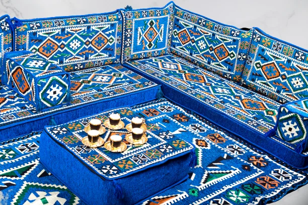 

U Shaped Majlis Set, Arabic Jalsa, Arabic Sofa Set, Floor Cushion Sofa, Blue Set, Traditional Pillow Set, Ottoman Couch and Rug