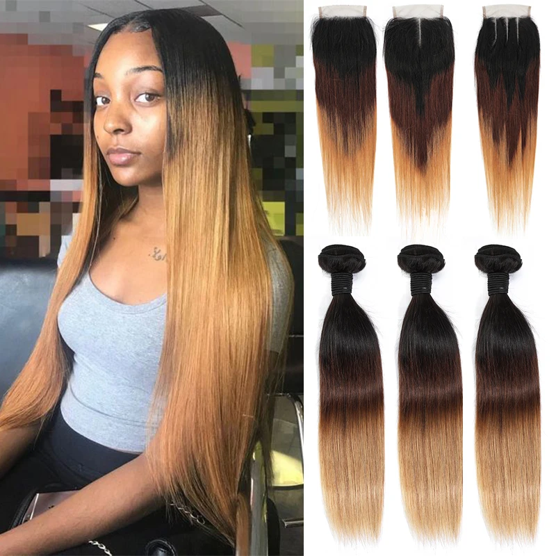 T1B/4/27 Ombre Straight Hair Bundles With Closure Transparent Lace Closure With Human Hair Bundles Applegirl Brazilian Remy Hair