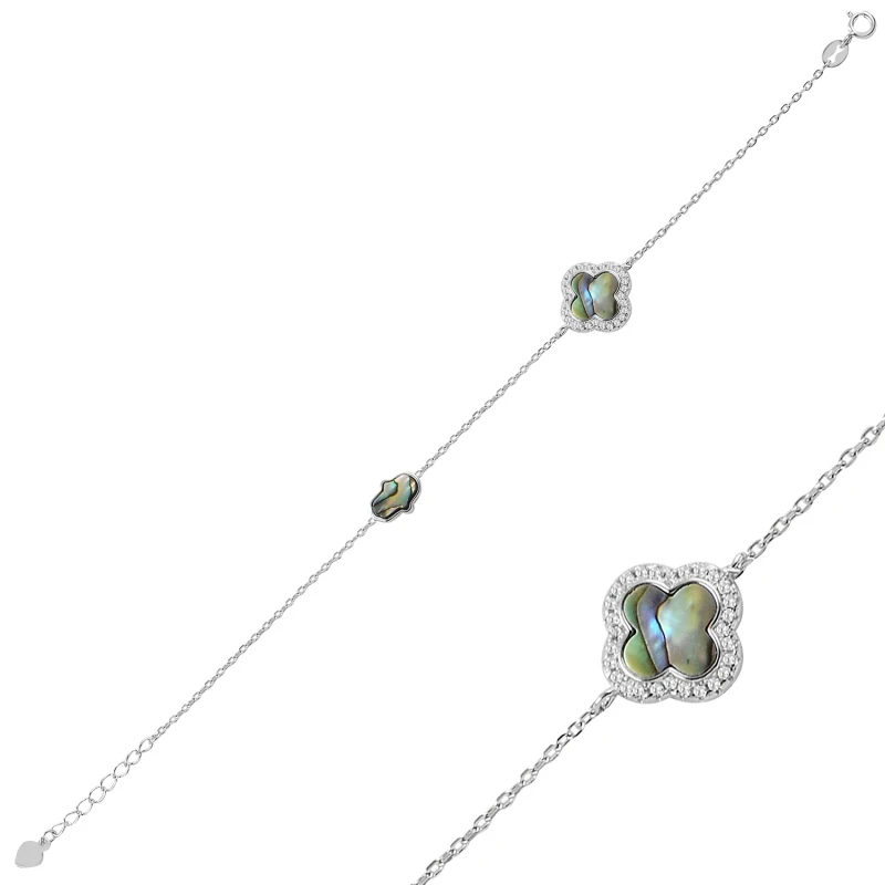 

Silver 925 Sterling Zircon Four Leaf Clover & Fatma Master Hand Bracelet