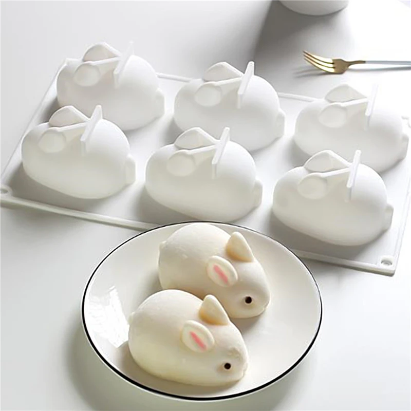 

6 Cavity Rabbit-shaped Cake Mould Silicone 3D Soap Candle Mold Baking Pan Molds for Cakes Mousse Bread Pudding Muffin Moulds