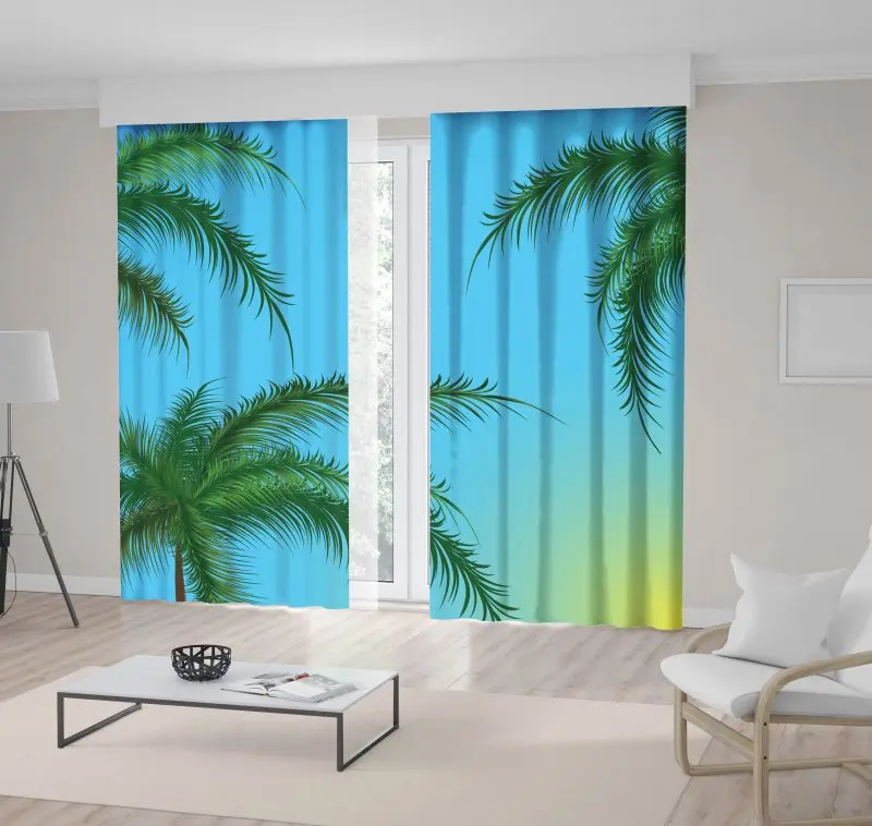 

Curtain Branches of Palm Trees Green Leaves Against the Blue Sky Summertime Tropical Beach Sunrise View Print