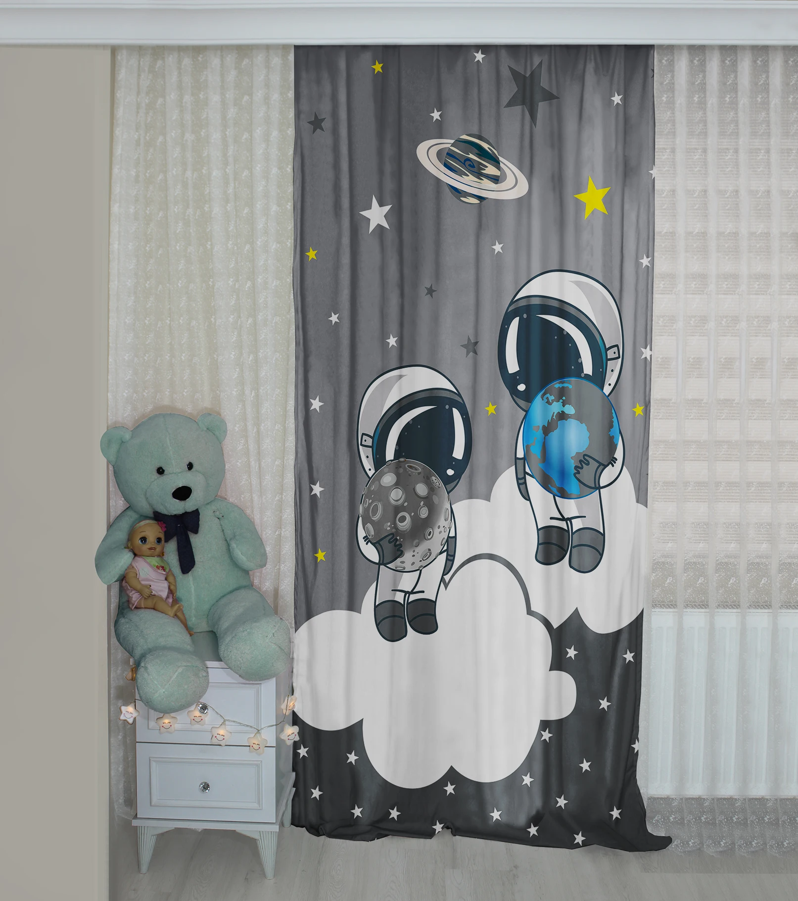 

Astronaut Patterned Background Curtain velvet curtain kids room drape Spaceman Stars World Cloud