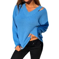 womens hollow halter long sleeve sweater v neck knitted sweater loose casual solid color ripped top pullover fallwinter