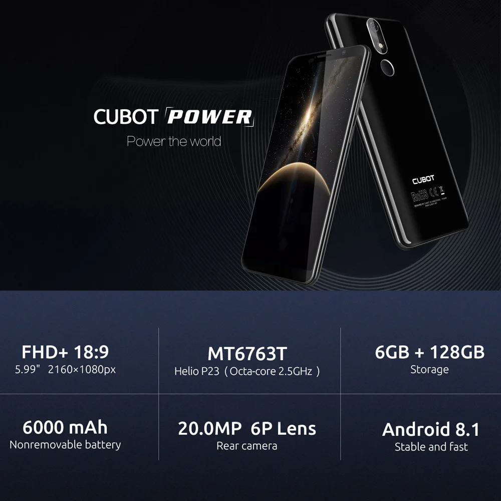Мобильный телефон CUBOT POWER 6 ГБ 128 ГБ, 6000 мАч, двойной 4G LTE, 5,99 дюймов, FHD+ 18:9, Восьмиядерный процессор MT6763T, 20 МП, Android 8,1, отпечаток пальца