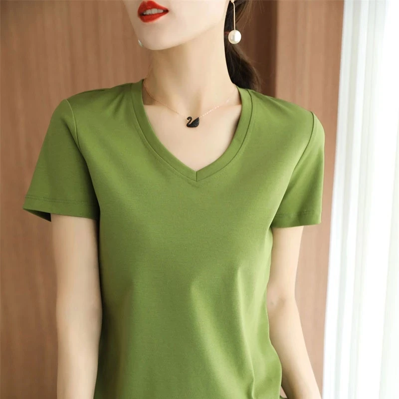 

Mercerized Cotton New Summer T-shirt Women's Breathable Solid Color V-neck Short Sleeve Loose All-match Pure Cotton Top