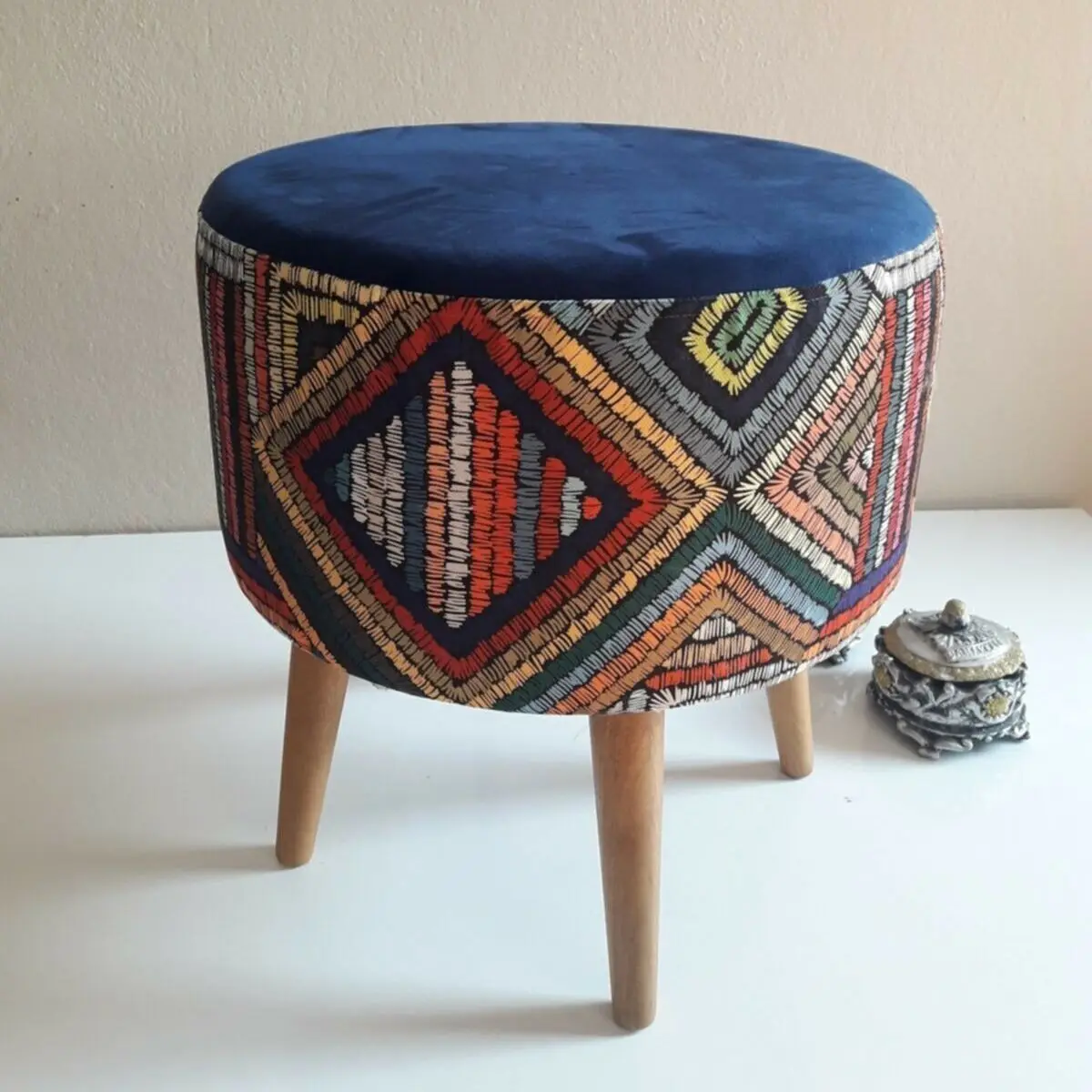 

Retro wooden legs decorative ethnic top navy blue patterned cylinder pouf bench stool decorative pouf rustic bench coffee table