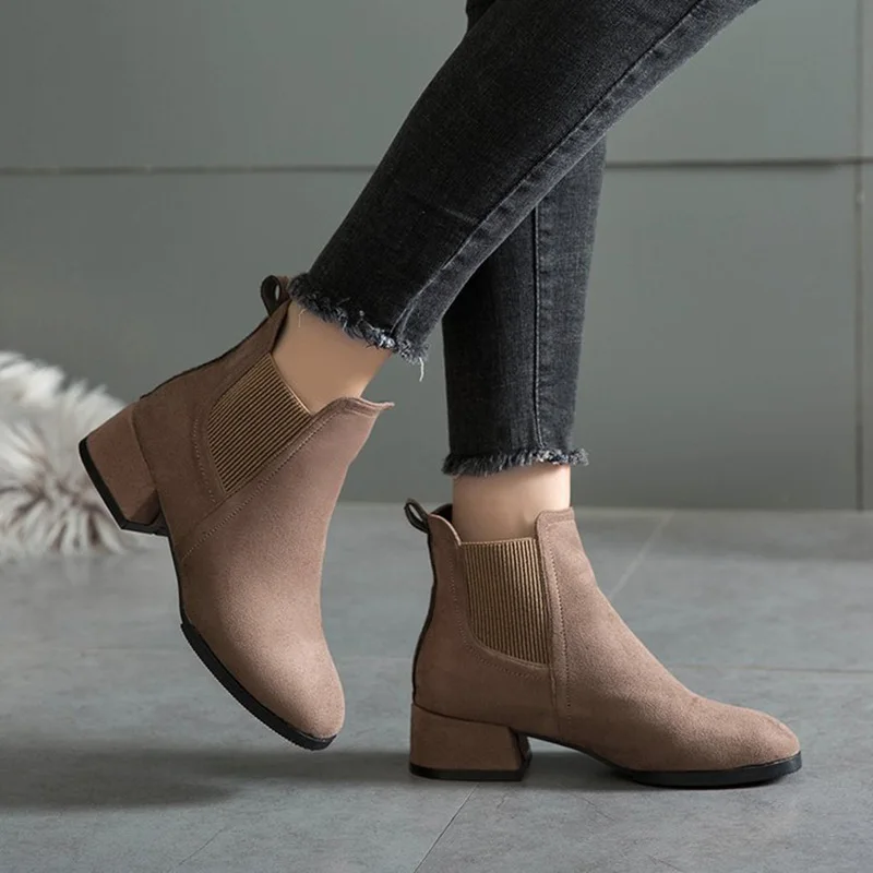 Autumn Winter Suede Ankle Boots Women Fashion Chelsea Boots Square Toe Thick Heel Short Boots Ladies Casual Shoes Size 35-41