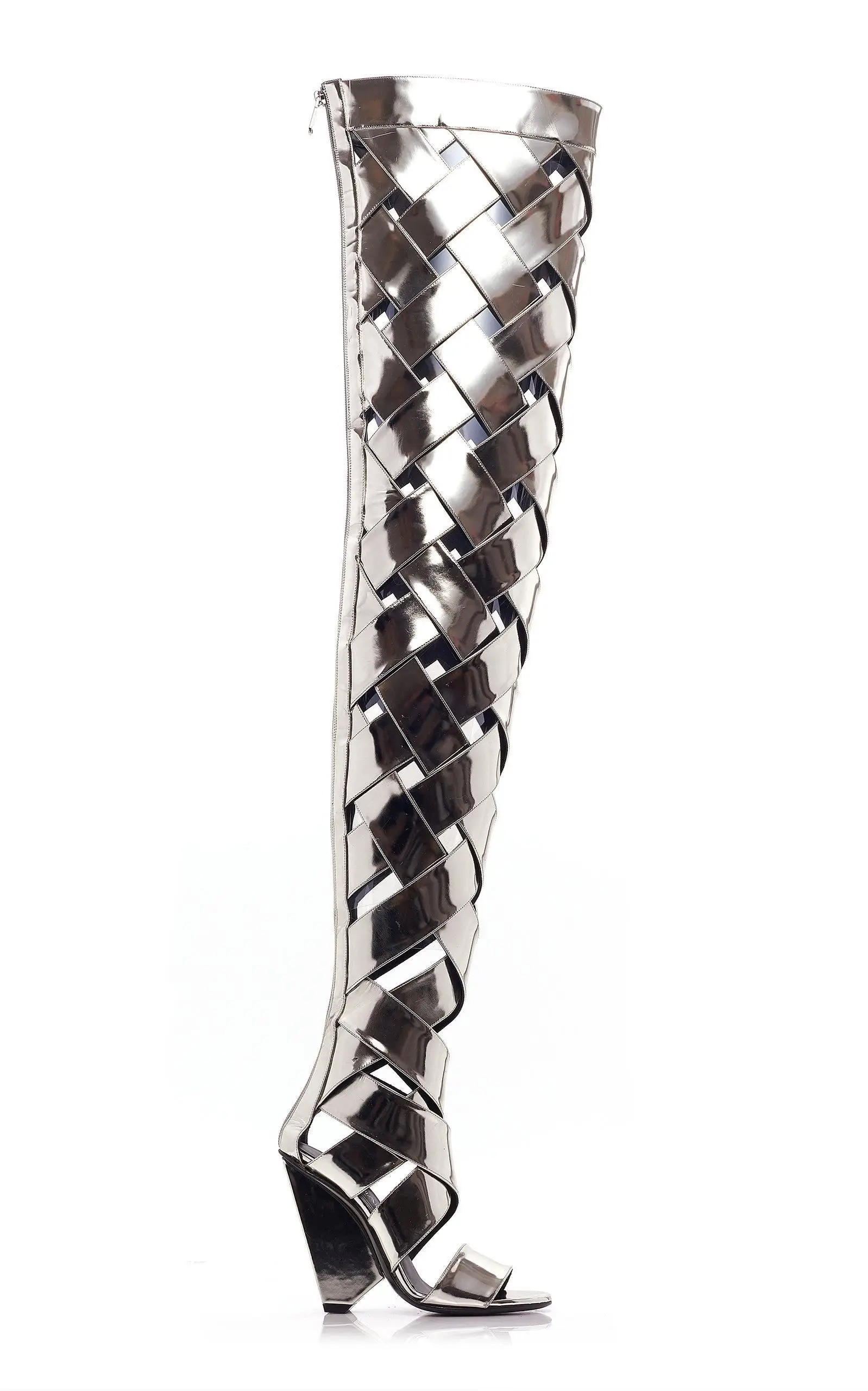 Женские кожаные сапоги выше колена из лакированной кожи с вырезами обувь для