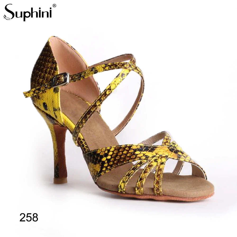 Женские танцевальные туфли Suphini желтые на высоком каблуке с принтом змеиной кожи