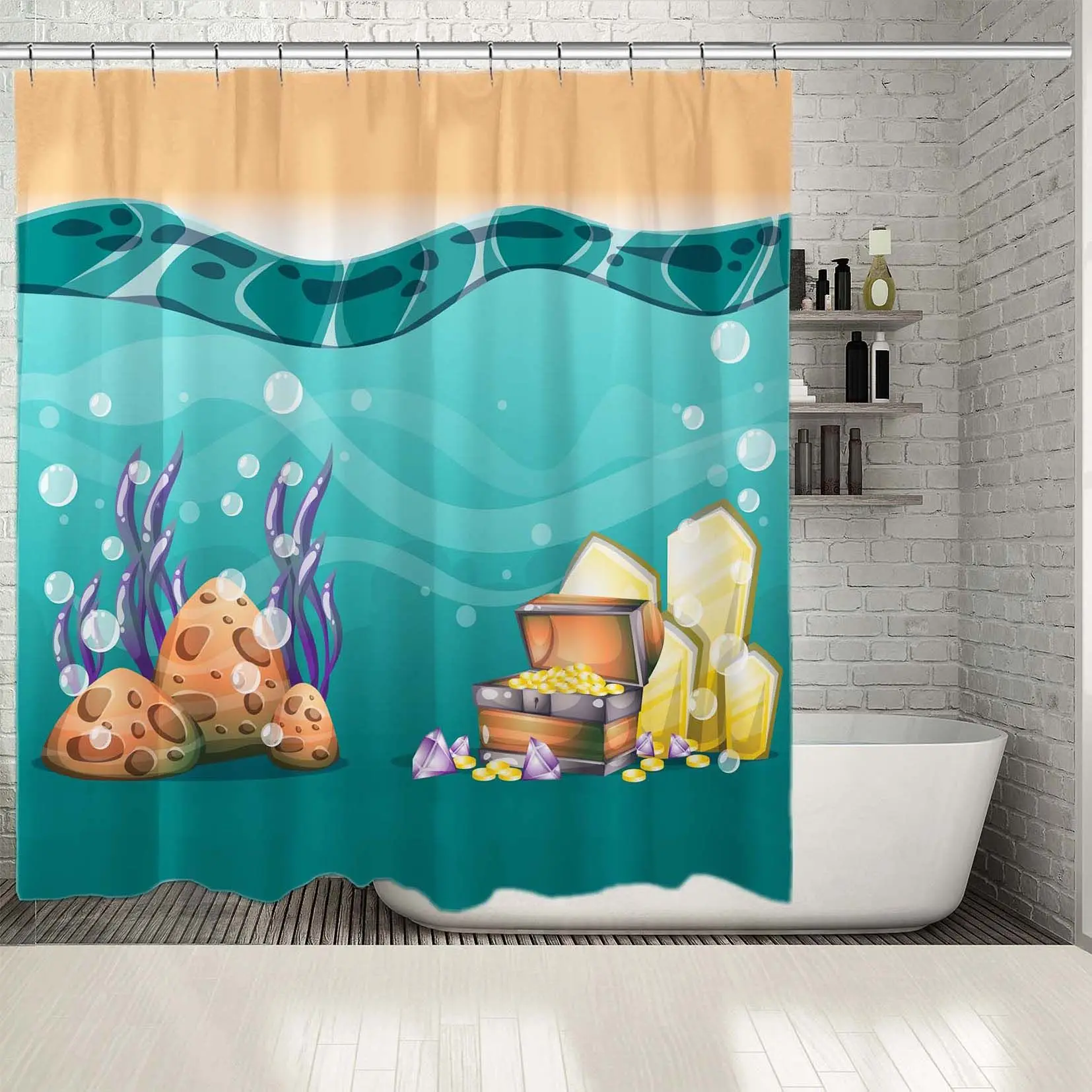 Занавеска для душа Мультяшные подводные камни и золото в деревянной коробке