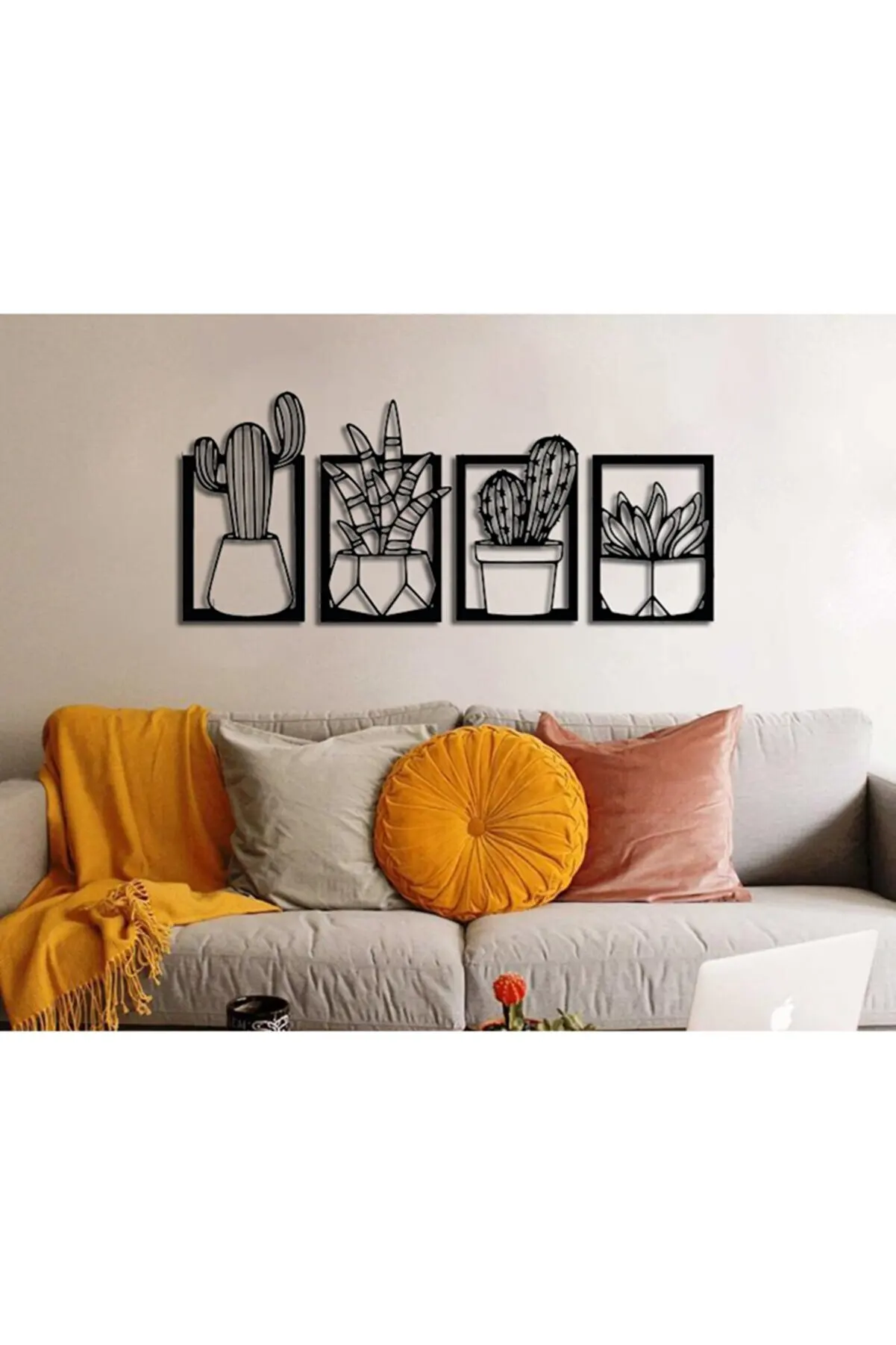 

Wood Wall Art Decor Cactus Flower Vase Black Color Modern Nature Desert Home Office New 3D Creative Stylish Living Room bedroom