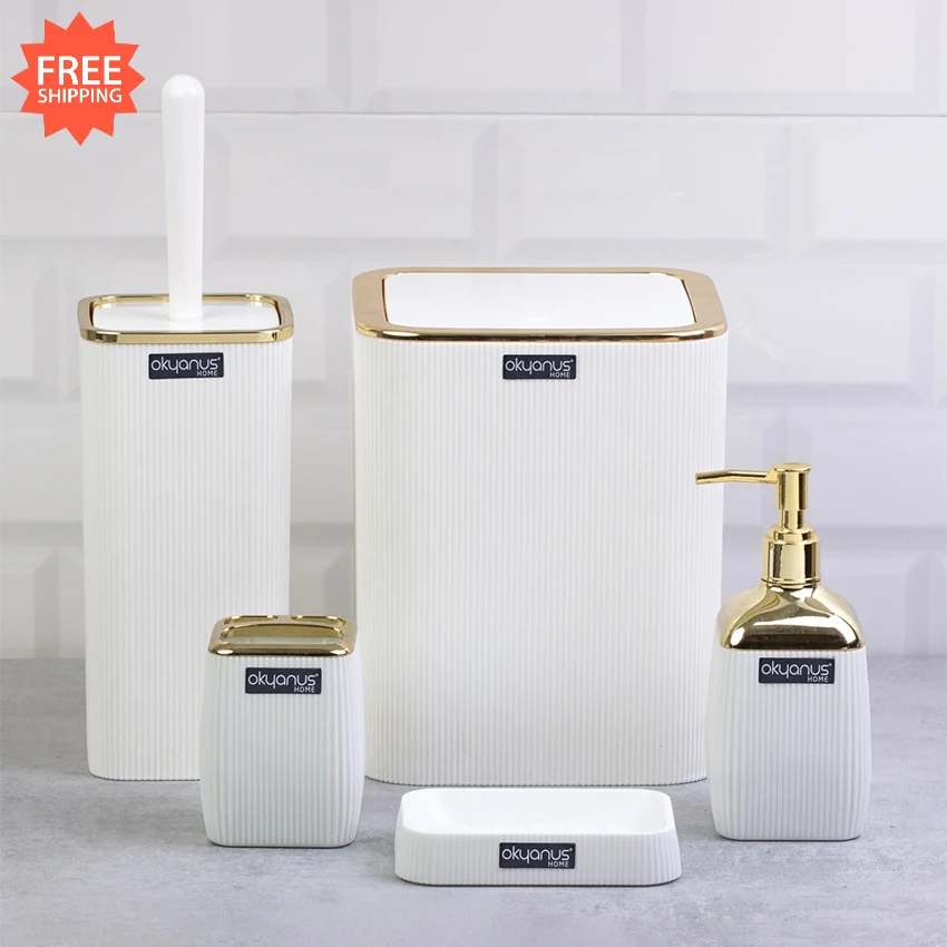 oceanland gold series striped 5 piece bathroom set hard plastic toothbrush holder soap dispenser toilet brush dustbin free global shipping