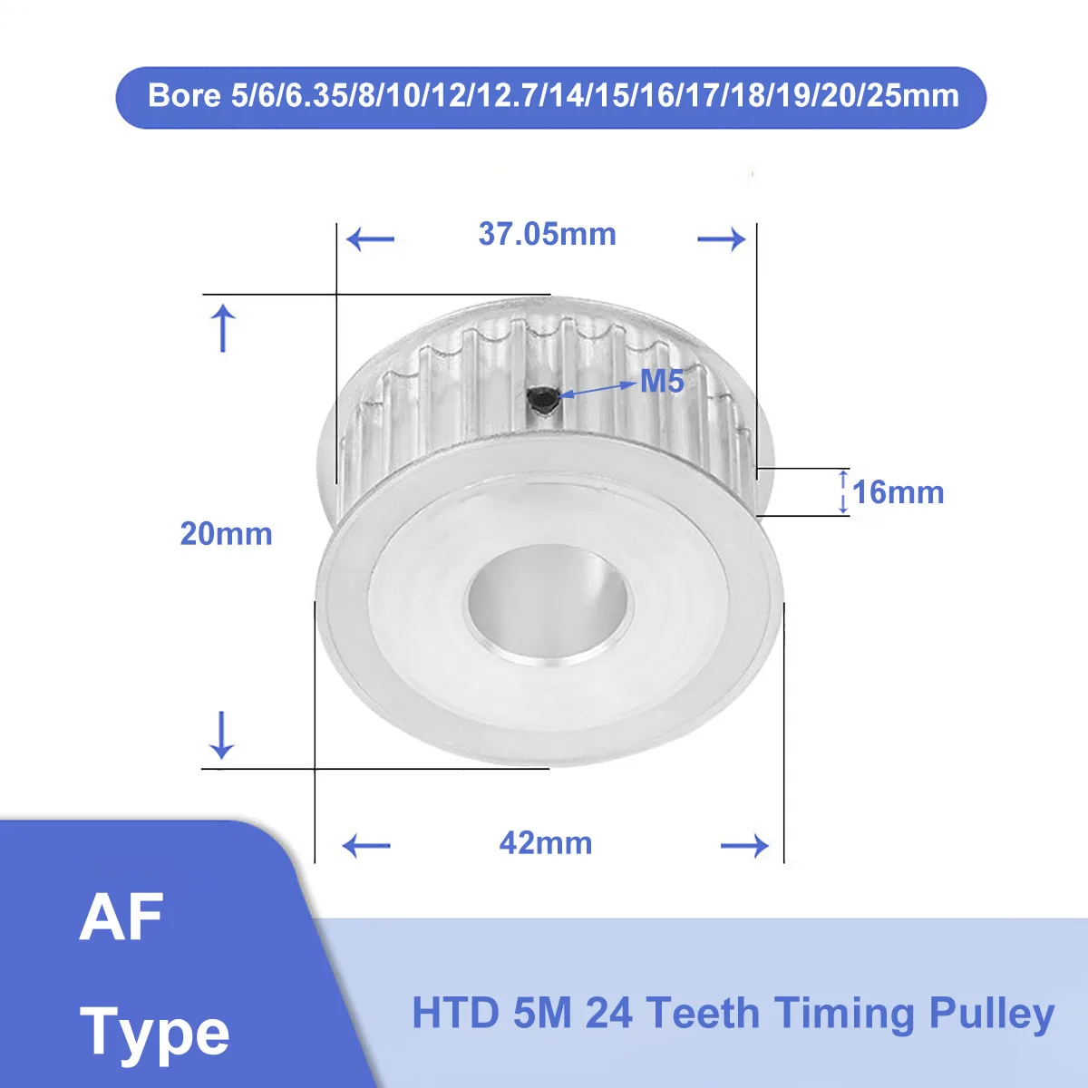 

HTD 5M 24 Teeth Timing Pulley Synchronus Wheel Bore 5mm - 25mm Aluminium Idler Pulley 5M-24T 16mm Width For HTD5M Timing Belt