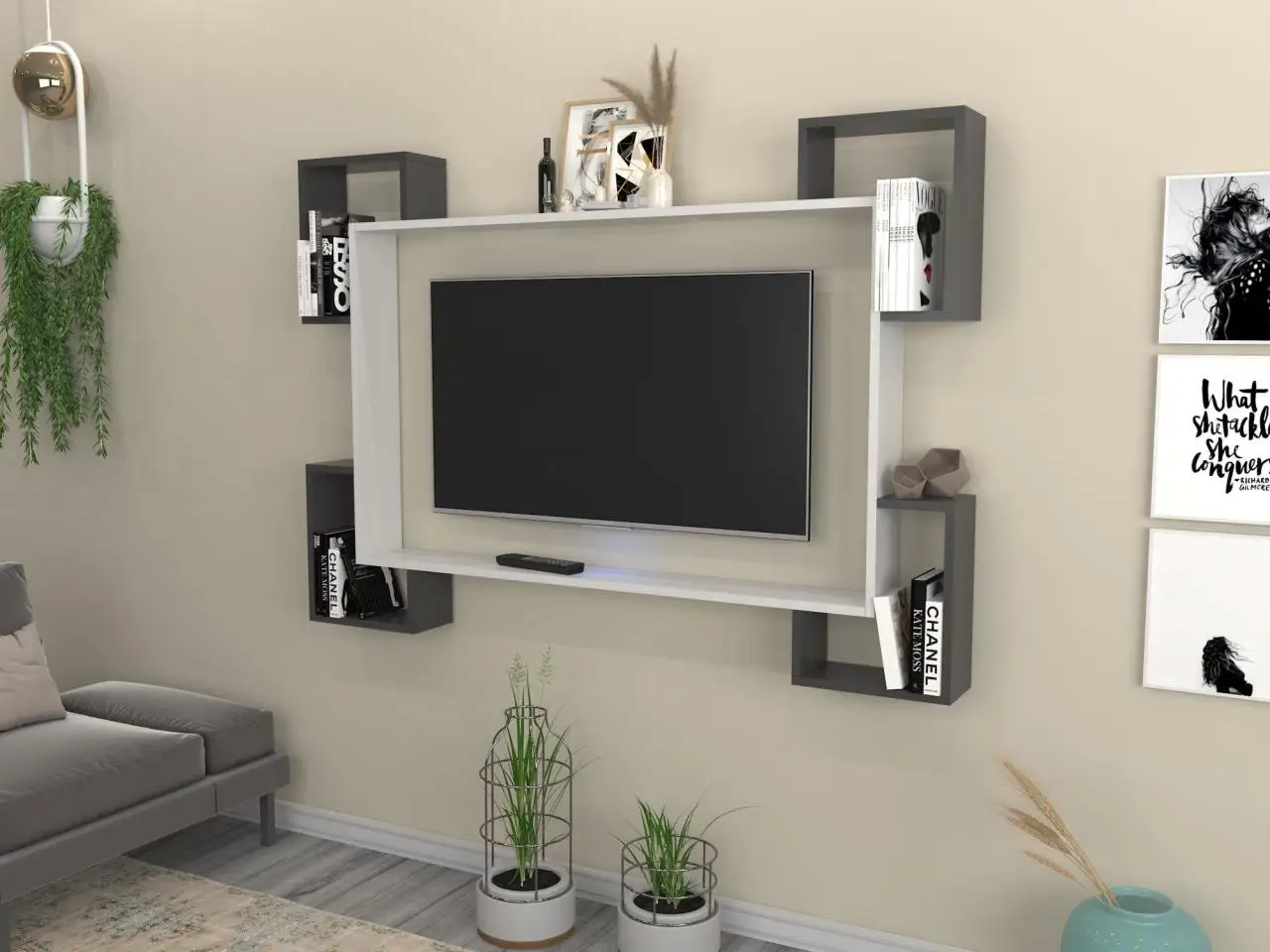 Home Furniture Tv Furniture TV Table TV Cabinet Wall TV Unit Trendsetter Bookcase Shelf Wall Tv Unit White Anthracite