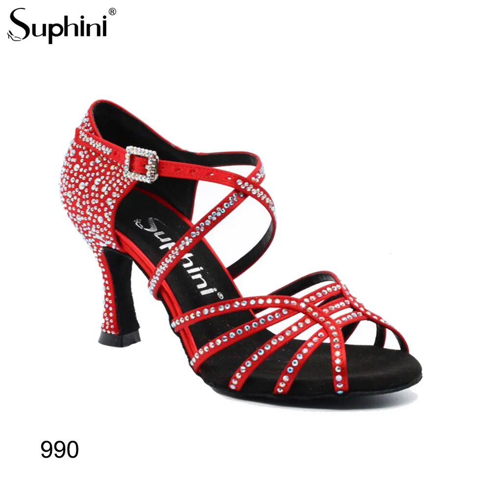Бесплатная доставка блестящие туфли для танцев Suphini Starry ChaCha красные атласные