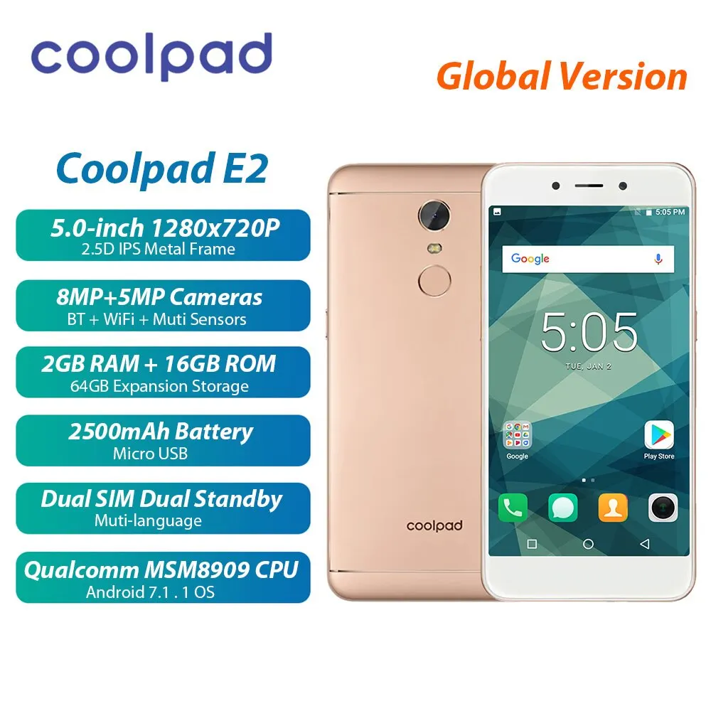 Глобальная версия Coolpad E2 4G мобильный телефон 5,0 дюймов 2 ГБ+ 16 Гб 8 Мп+ 5 Мп Android 7.1.1 2500 мАч разблокированный смартфон с отпечатком пальца