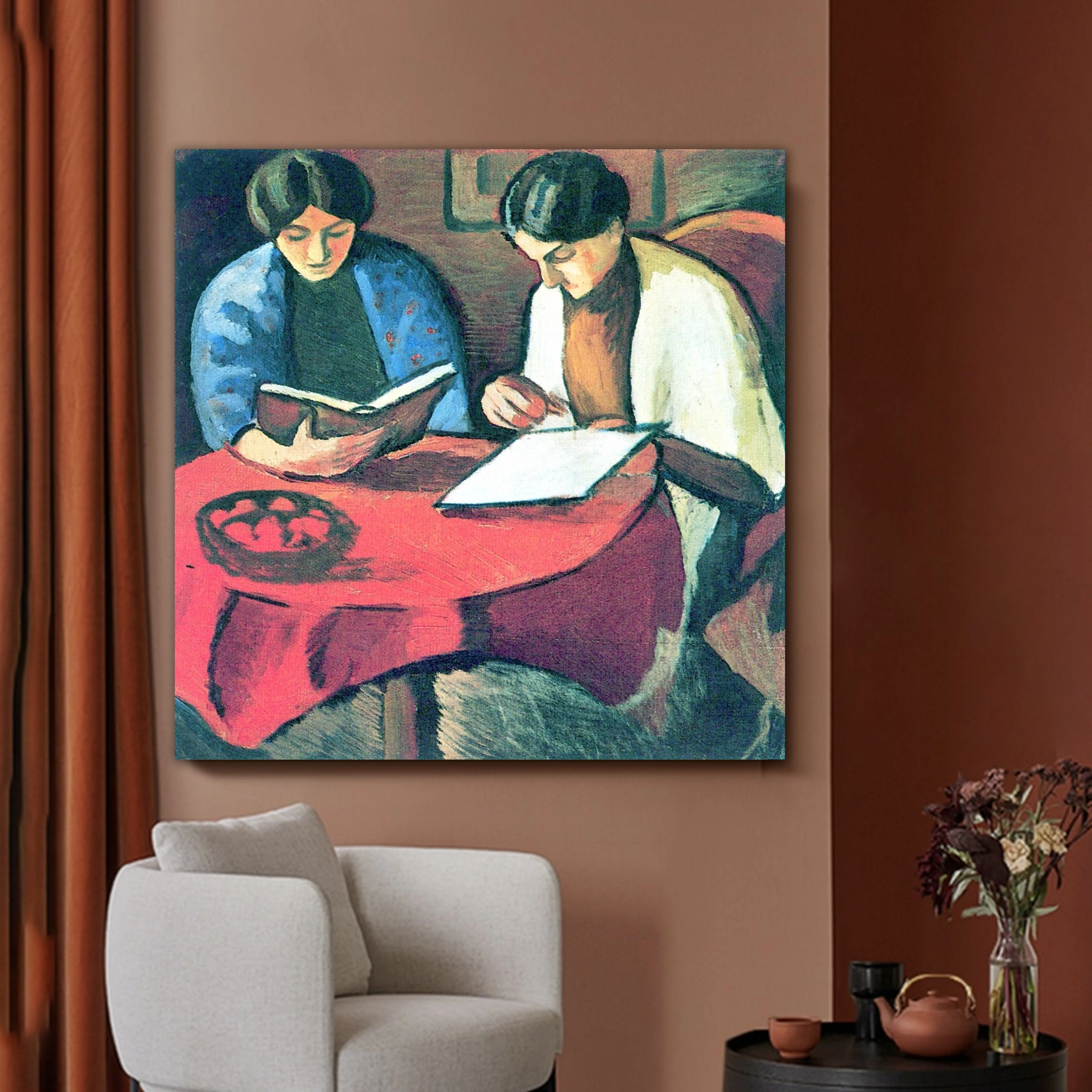 

August Macke Famous Old Master Artist Reproduction Oil Painting Two Women at the Table Canvas Print for Room Wall Decoration