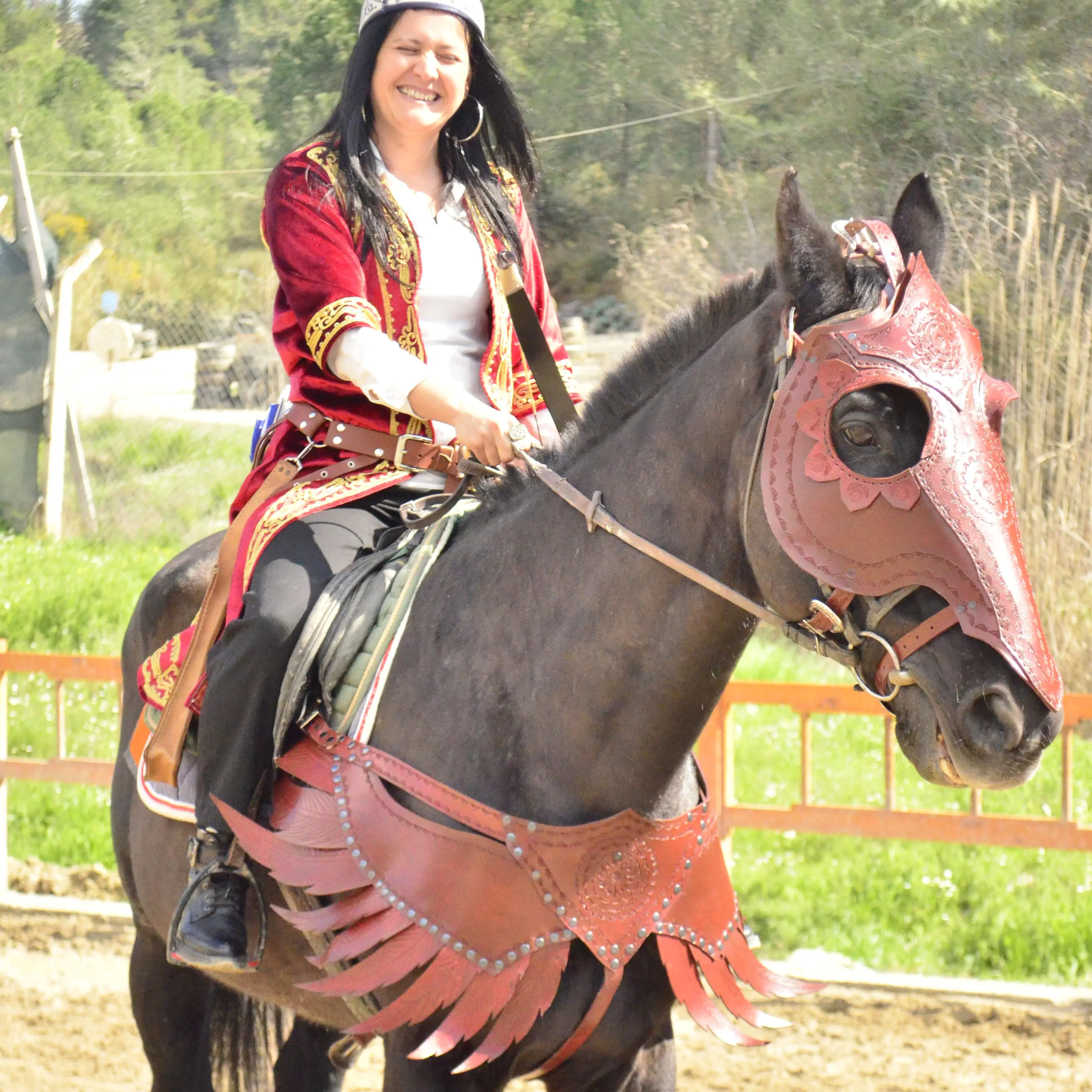 Кожаный костюм с лошадью броня нагрудник уздец головной убор воин лошадь tack |