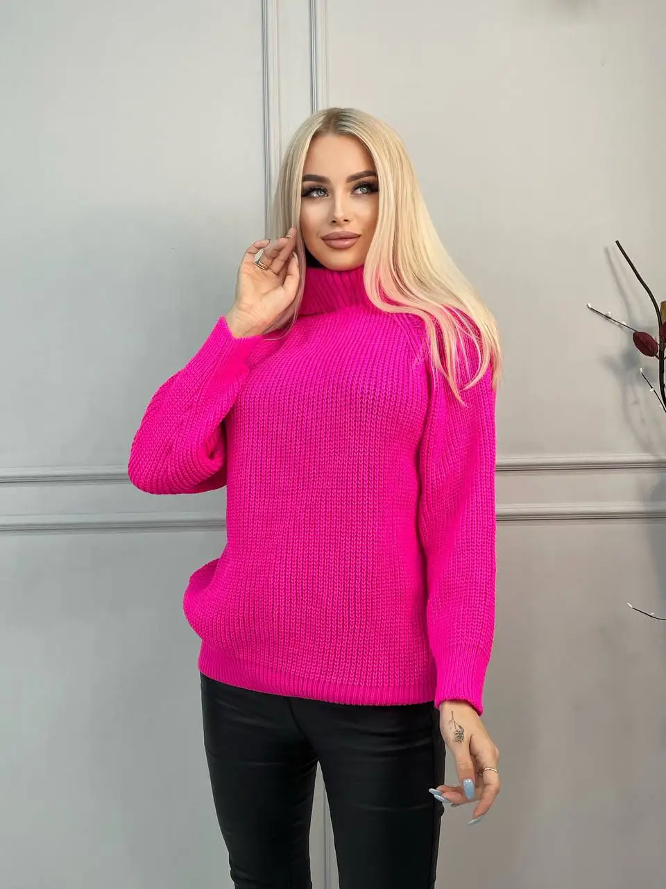 Женский вязаный свитер оверсайз пуловер с длинным рукавом горлом плотный теплый