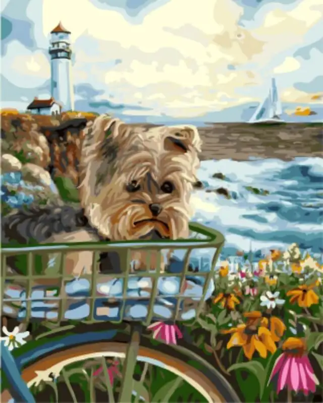 Картина по номерам GX5540 &quotЙорк на фоне маяка&quot | Игрушки и хобби