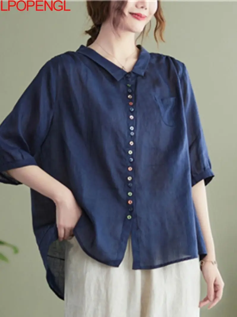 

Women Cotton Linen Casual Shirts New Vintage Style Solid Color Loose Female Half Sleeve Single-breasted Turn-down Collar Tops
