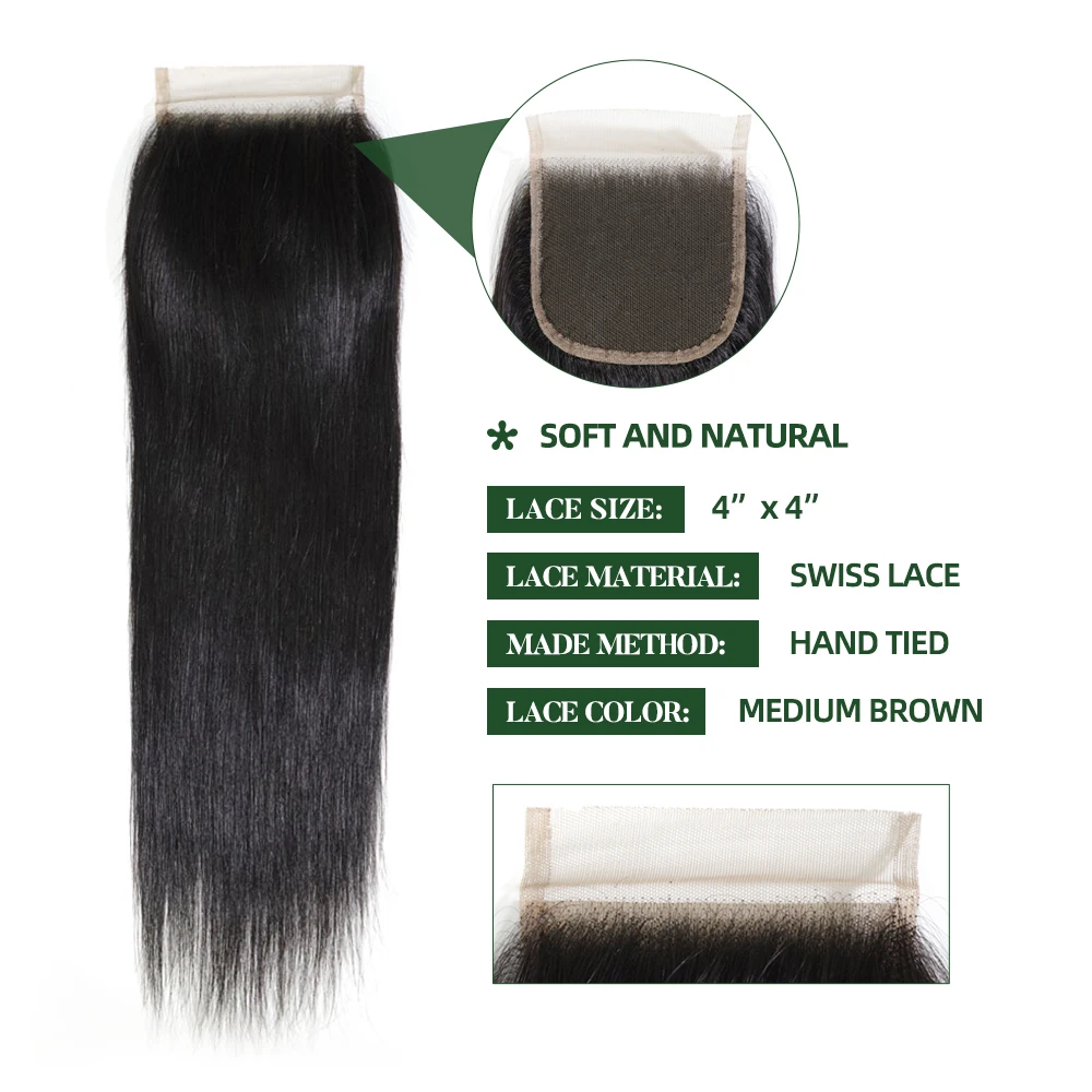 Прямые человеческие волосы пряди с закрытием бразильские плетение 3 4*4 для