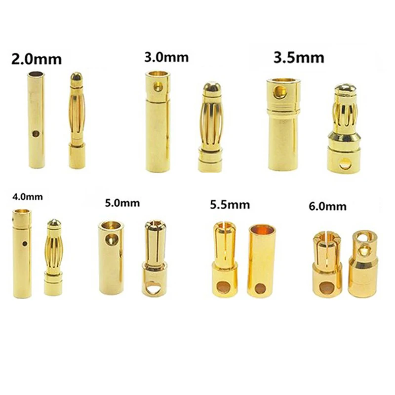 

DXF10PCS 2.0mm/3.0mm/3.5mm/4.0mm/5mm/5.5mm/6mm/8mm RC Battery Gold-plated Bullet Banana Plug Male Female Connector
