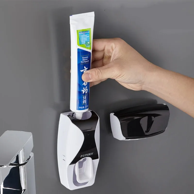Dispensador autom&aacute;tico de pasta de dientes, soporte de pared a prueba de polvo, estante de almacenamiento, juego de accesorios de ba&ntilde;o, exprimidor-4