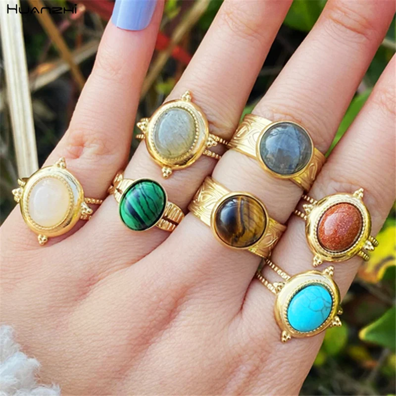 

Винтажное Открытое кольцо из нержавеющей стали, Круглый Овальный натуральный камень, регулируемое кольцо на палец для женщин и девушек, юве...