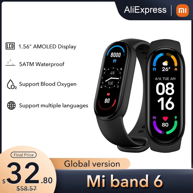 Умный Браслет Xiaomi Mi Band 6 водонепроницаемый фитнес-трекер с экраном AMOLED 1 56 дюйма