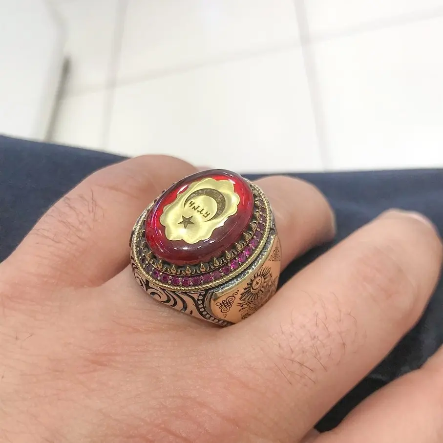 Янтарный и рубиновый кмень пуфик Tuğra такелаж Пользовательские Серебряный Для