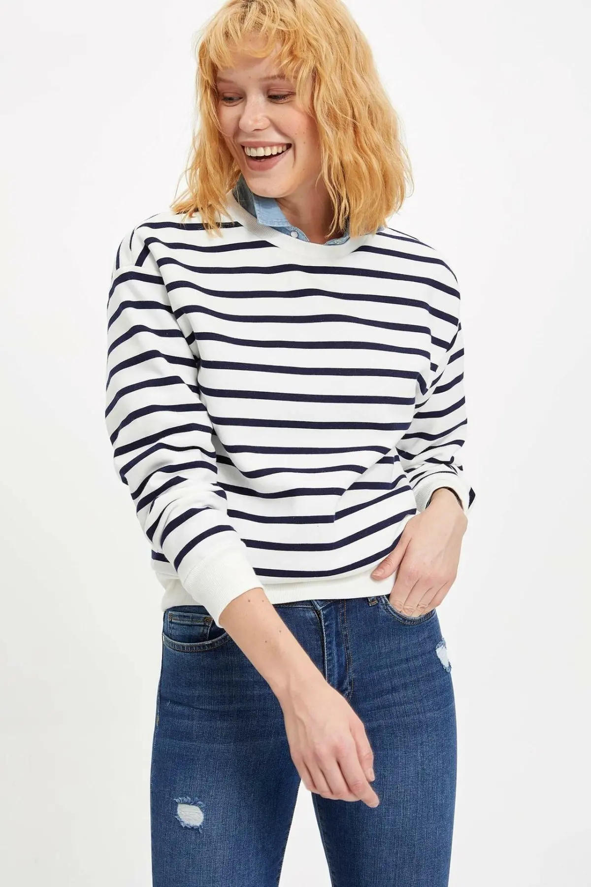 DeFacto женские полосатые пуловеры с круглым вырезом модные повседневные свободные